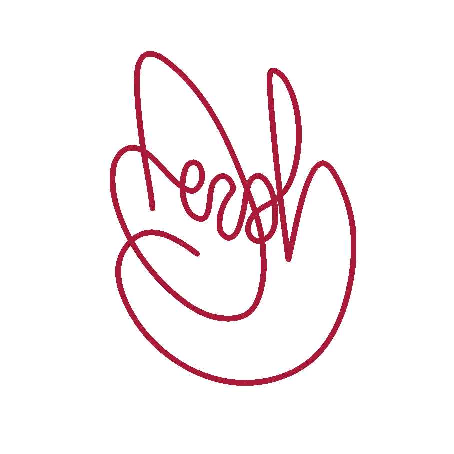 Here is the alt text for the image: "Reesh, a red cursive-style illustration of a hand with the thumb and pinky finger ext...